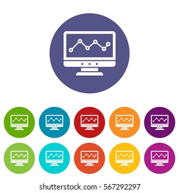 Graph in computer screen set icons in different colors isolated on white background