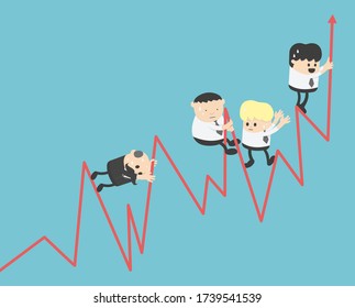 Graph concepts, businessmen swarming stock graphs, rising teamwork.