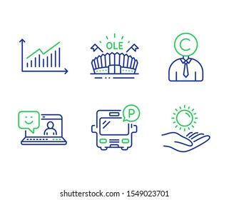 Graph, Copyrighter and Smile line icons set. Sports arena, Bus parking and Sun protection signs. Presentation diagram, Writer person, Laptop feedback. Event stadium. Business set. Vector