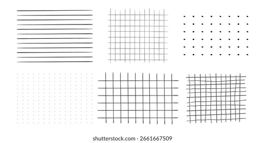 Gráfico crayón dibujado a mano texturizado conjunto cuadrado cuadrícula para nota, textura de línea geométrica. Colección Rayas de lápiz o lápiz, puntos para páginas de diario de viñetas.