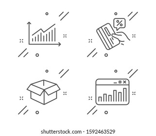 Graph, Credit card and Opened box line icons set. Marketing statistics sign. Presentation diagram, Loan percent, Shipping parcel. Web analytics. Business set. Line graph outline icon. Vector
