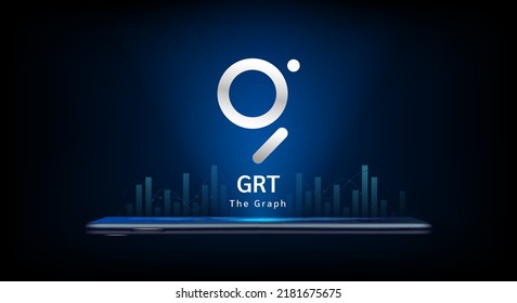 El símbolo (token) de moneda criptográfica de Graph sale de un smartphone. Icono de moneda en fondo oscuro. Comercialización de criptodivisa en el mercado de valores a solicitud. Para sitio web o banner. Ilustrador de vectores.