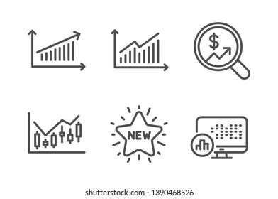 Graph, Currency audit and Chart icons simple set. New star, Financial diagram and Report statistics signs. Presentation diagram, Money chart. Finance set. Line graph icon. Editable stroke. Vector