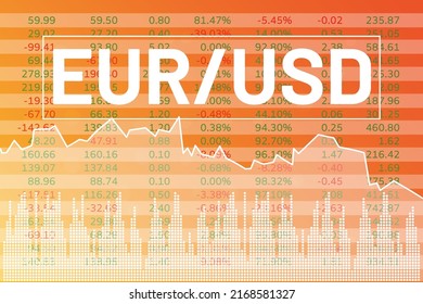 Graph currency pair EUR, EUR on yellow finance background from columns, lines, numbers, city. Financial market concept
