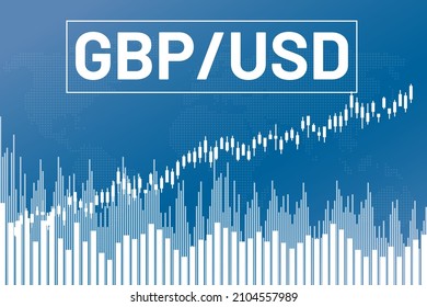 Graph currency pair GBP, USD on blue finance background from columns, candlesticks, world map. Financial market concept