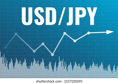 Graph currency pair USD, JPY on blue finance background from columns, arrow, grid. Financial market concept