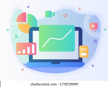 Graph curve on laptop screen background of pie chart camera video business presentation concept with flat style.