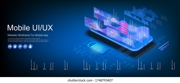 Graph with data analysis and data statistics on an isometric mobile phone. Landing page design. Conceptual template. Vector Illustration