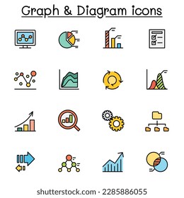 Graph, data, chart and diagram color line icon set