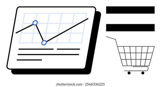 Graph with data points indicating sales trends. Shopping cart icon represents an ecommerce theme. Ideal for business analysis, sales forecasting, ecommerce, marketing strategies, and financial