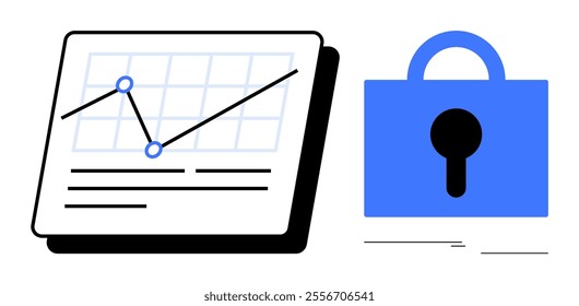 A graph with data points and lines next to a blue padlock. Ideal for data security, analytics, privacy protection, cybersecurity, and confidential information. Simple vector art style