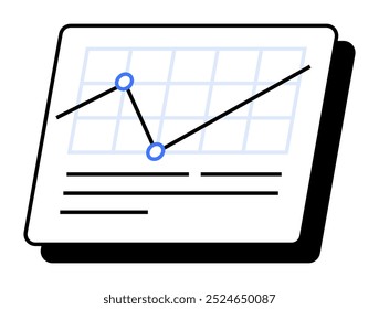 Graph with data points on presentation board with lines. Ideal for business, analytics, statistics, company presentations, data visualization. Black, white, blue. Minimalist vector style.
