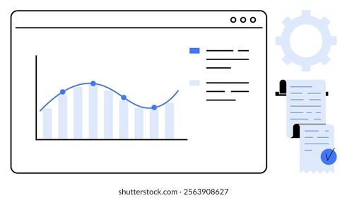 Graph with data points on a screen beside documents and a gear icon. Ideal for business, data analysis, finance, project management, and statistics. Simplistic vector style with blue tones