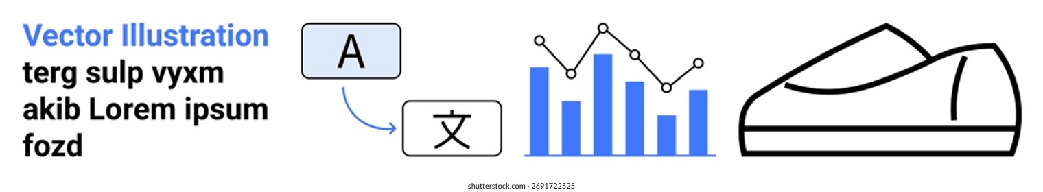 Graph with data points, shoe outline, text in different languages, and translation bubble. Ideal for data analysis, global market, user interface, translation services, product design, infographic