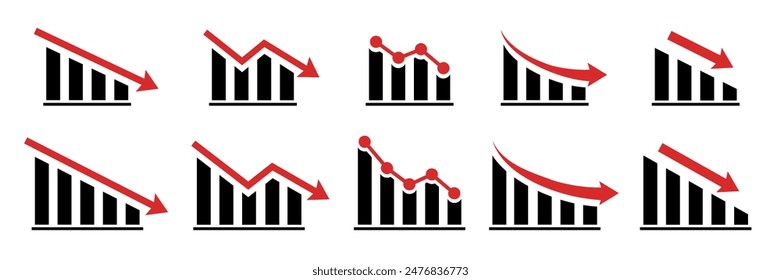 Graph decrease. Red arrow goes down sign. Crisis icon isolated. 