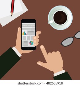 Graph design on smartphone. Man drinking cup of hot coffee. Checking financial news online.