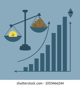 graph development and growth Ethereum Cryptocurrency. Scales with coins of the epherium. vector illustration,  flat style
