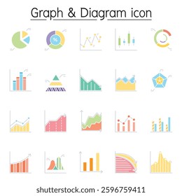 Graph, diagram and chart icon set in flat color style