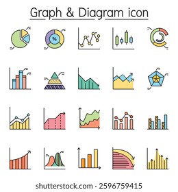 Graph, diagram and chart icon set in color line style