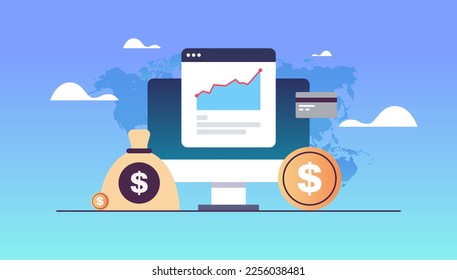 Graph diagram finance data analysis calculator working together brainstorming concept and world map background concept flat vector illustration.