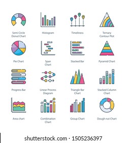 Graph And Diagram Flat Colored Line Icons - Fully Editable