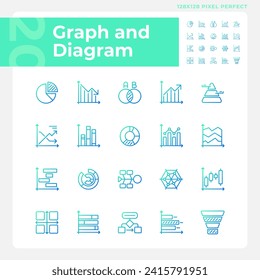 Graph and diagram gradient linear vector icons set. Data visualization. Information display. Presentation element. Thin line contour symbol designs bundle. Isolated outline illustrations collection