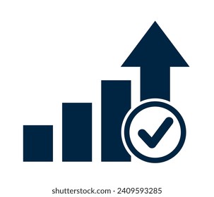 Graph diagram up icon, business growth success chart with arrow and check mark, concept of achieving set goals, business bar sign, profit growing symbol, progress bar symbol, growing graph icon