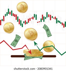 Graph, Diagram. Investing money in stocks. The concept of Stock trading. Vector Illustration in a flat style