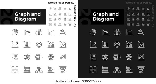 Graph and diagram linear icons set for dark, light mode. Data visualization. Information display. Presentation element. Thin line symbols for night, day theme. Isolated illustrations. Editable stroke