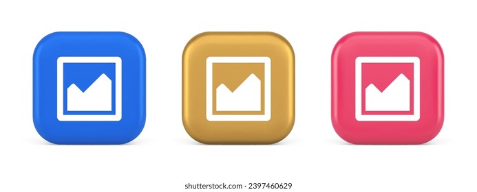 Graph diagram mathematical profit business blue squared button 3d realistic blue gold and pink icons. Chart infographic scheme financial stats application for data analyzing
