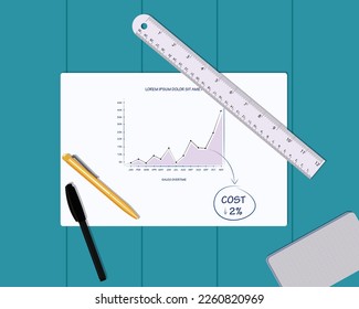 Graph diagram on a white paper with pens and scale on blue background. Finance and budget concept vector