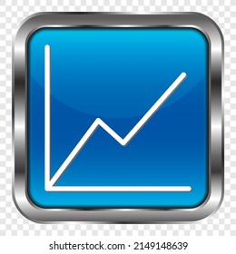 Graph diagram simple icon vector. Flat design. Metal, blue square button. Transparent grid.ai