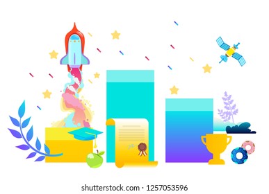 Graph, diagram, statistics. ?oncept of achieving success in education. Vector illustration in modern flat style isolated on white background.