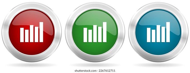 Graph, diagram vector icon set. Red, blue and green silver metallic web buttons with chrome border