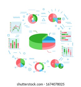 Graph and diagram web banner. Visual comparison of data. Infographics with linear icons on white background. Creative idea concept. Isolated outline color illustration.