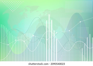Graph, diagrams, parabolas, geometric shapes. Financial data chart. Trend lines, company growth, technology, finance, columns, informational background with a palette of shades of green.