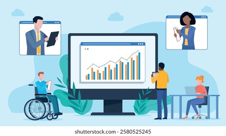 A graph is displayed on the monitor screen. Employees analyze it. Some of the characters work from the office, some connect via video. Flat design vector grafik