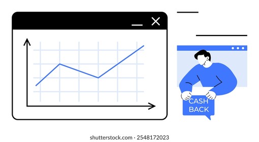 Gráfico exibindo tendência ascendente ao lado de uma pessoa segurando um sinal de cash back simboliza financeiro, crescimento Ideal para estratégias de marketing serviços financeiros promovendo poupança análise de negócios cliente