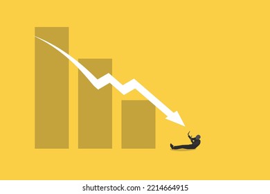 Graph and Down arrow graph pushing a businessman. concept of economic crash, investing failure, price drop, recession, investment risk concept and market down.