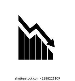 Graph down. Black icon graph decline with arrow isolated on white background. Hologram statistic. Deficit direction for business concept design. Analysis information forecast. Vector illustration