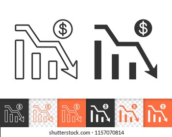 Graph down black linear and silhouette icons. Thin line sign of bankrupt. Arrow below outline pictogram isolated on white transparent background. Vector Icon shape. Graph Down simple symbol closeup