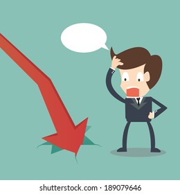 Graph down -Businessman watching falling financial ,Red graph that makes crack on the ground