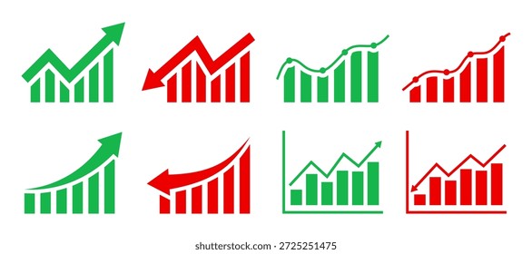 Gráfico, arriba y abajo iconos colección. Negocio, verde, rojo, flechas, yendo, gráfico de barras, flecha que se mueve hacia abajo y flecha que se mueve hacia arriba Ilustración vectorial. Fondo transparente