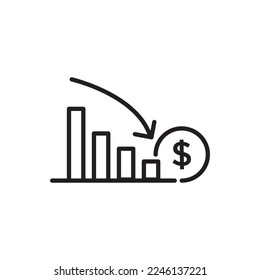 Graph down, reduce progress line icon. Simple outline style efficiency decrease graphic, finance chart, abstract graph, trend vector illustration. Arrow below, bankrupt. Editable stroke EPS 10