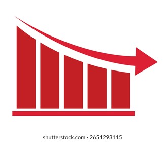 Graph Down sign with red arrows icon vector. Financial arrows with red charts showing decline. Decrease bar graph icon vector. stock market projects, and business performance illustrations. 