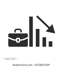 graph down with work bag, unemployment trends analysis icon, flat vector illustration