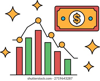 Un gráfico con una tendencia a la baja y un signo de dólar. El gráfico está en blanco y negro