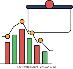 Se muestra un gráfico con una tendencia a la baja con un fondo blanco. El gráfico está acompañado por un tablero blanco con un contorno negro