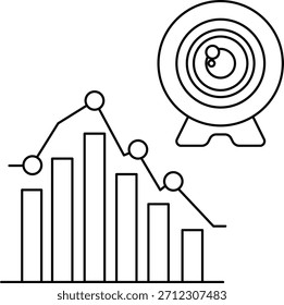Un gráfico con una tendencia a la baja y un objetivo en segundo plano. El gráfico está en blanco y negro y el objetivo está en blanco