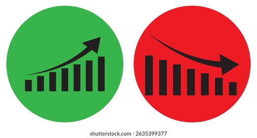 Graph enhancing and falling icon. Vector graph with black, green and red arrows. Graph with increase and decrease report.